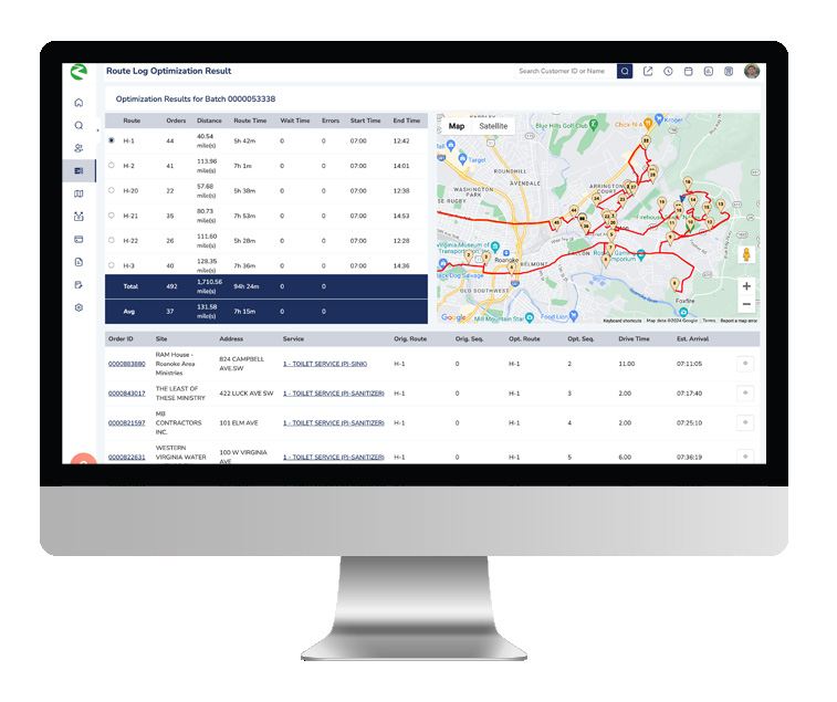 Routeware Elements route optimization interface shown on a desktop monitor