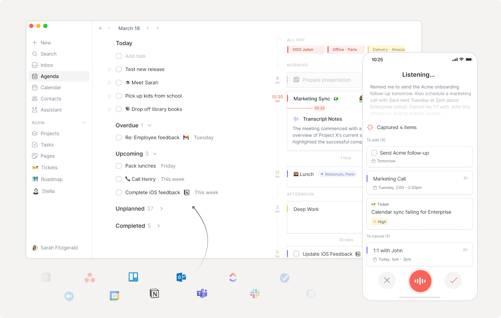 Routine workspace showing an agenda, calendar, projects, integrations, and voice capture on desktop and mobile