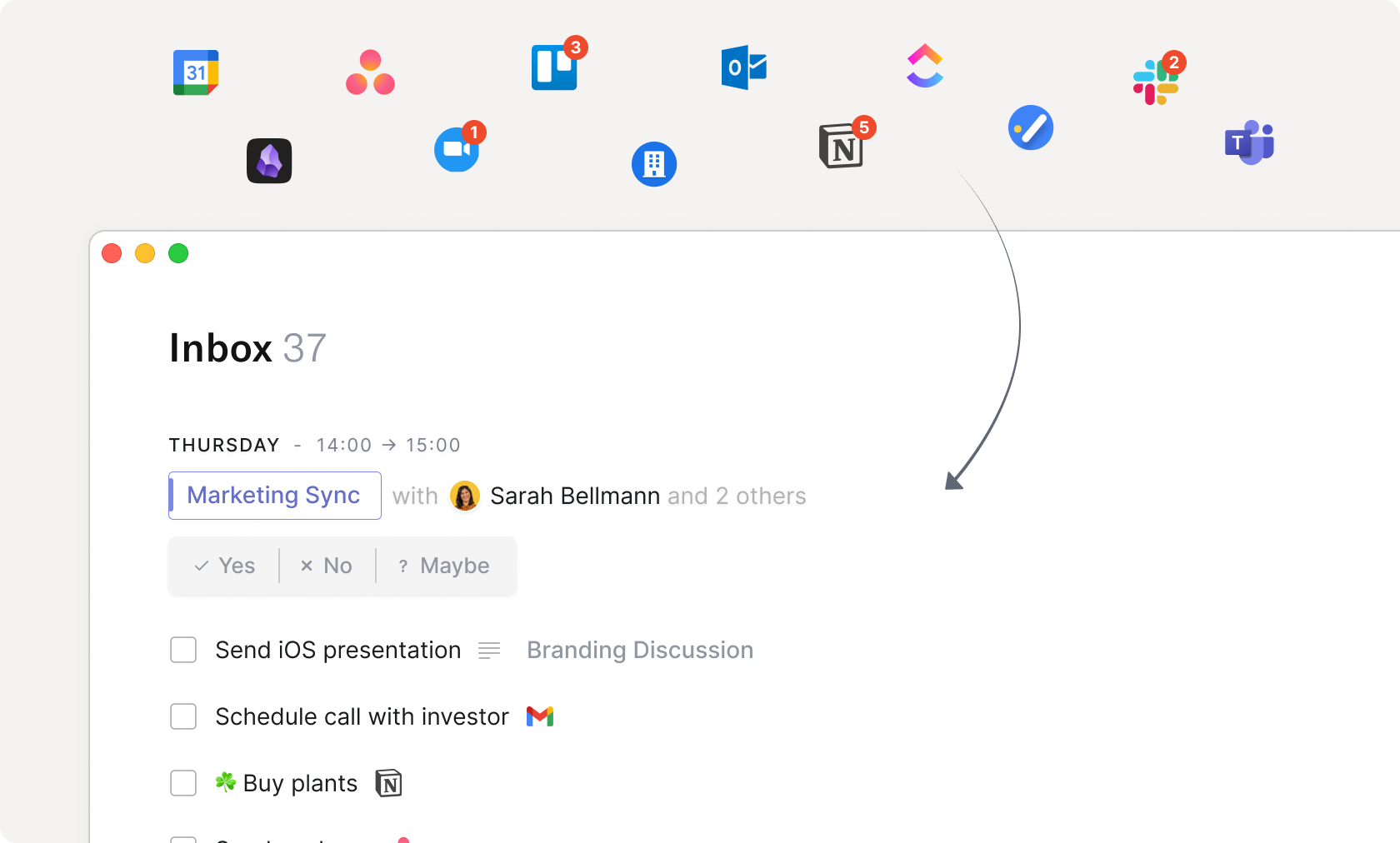 Routine universal inbox receiving work from calendar, Asana, Trello, Outlook, ClickUp, Slack, Notion, Teams, and other services