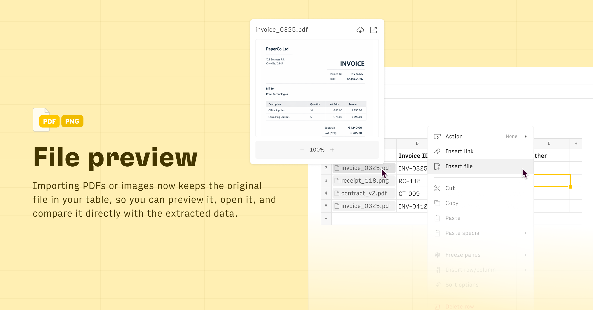 Rows file preview feature displaying an invoice alongside extracted table data
