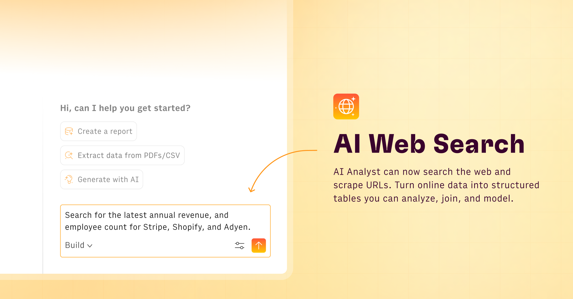 Rows AI Analyst 6.4 web search feature turning a prompt into structured spreadsheet data