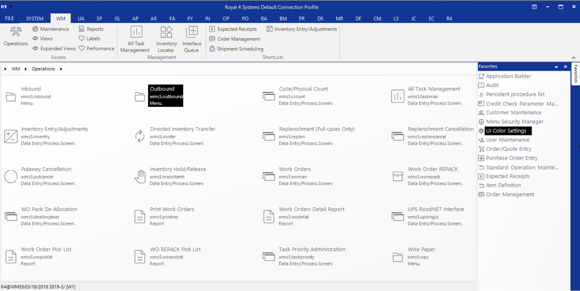 WISE warehouse management navigation showing operations, maintenance, reports and performance tools