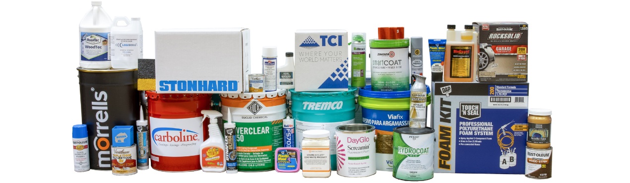 Assortment of RPM coatings, sealants, flooring materials and repair products