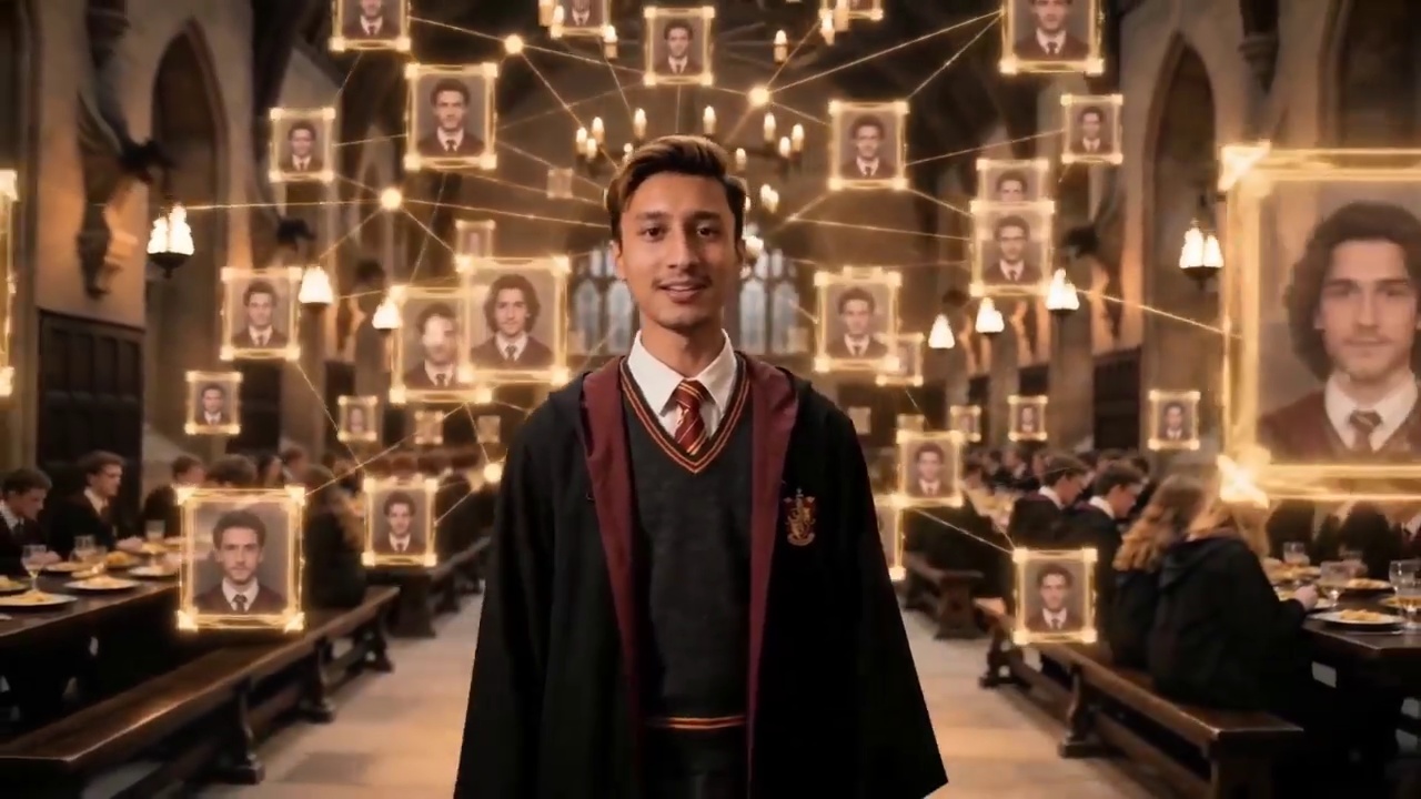 An AI-generated version of Ruchir Mehta in a wizard-school hall, from his themed HeyGen standup video