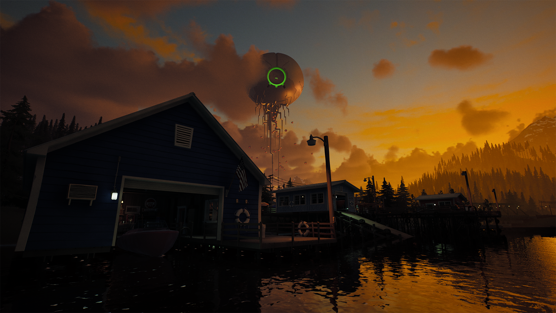 The Holdouts game artwork showing a suburban invasion near a dock