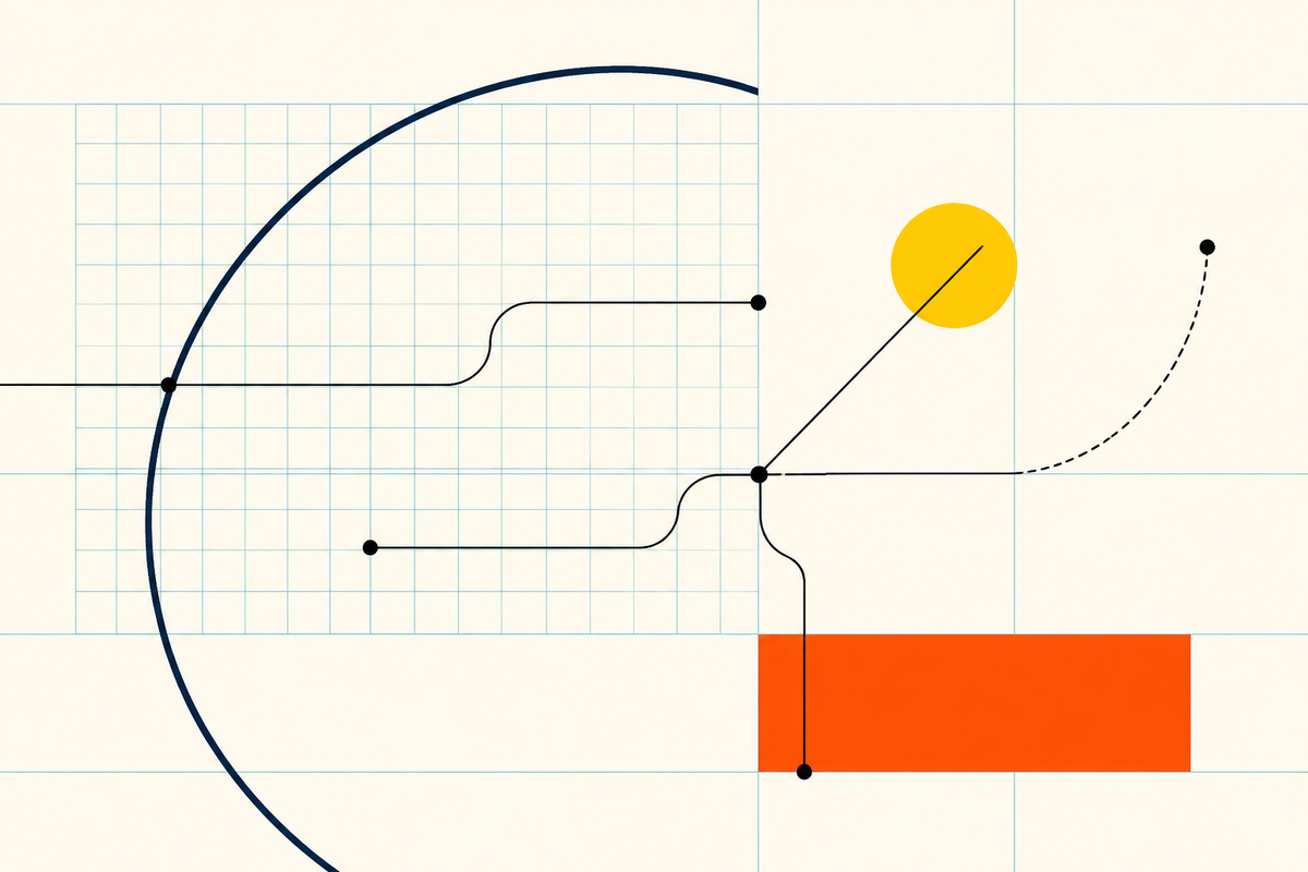 Abstract Swiss-style geometry showing operating systems and flight paths converging