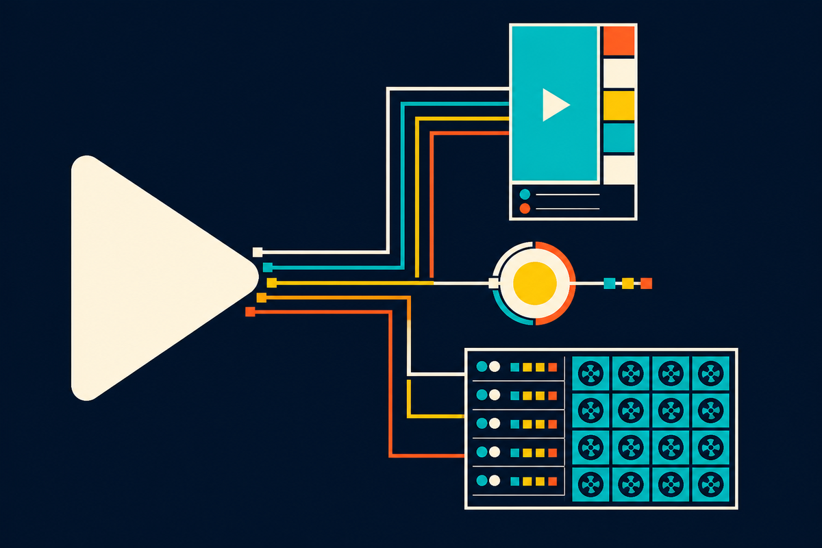 Abstract Swiss-style illustration showing a broadcast signal connecting video, payment and computing systems