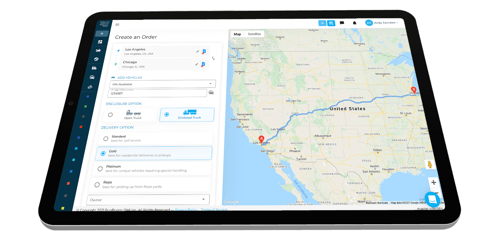 RunBuggy product illustration showing its vehicle logistics dashboard on a tablet