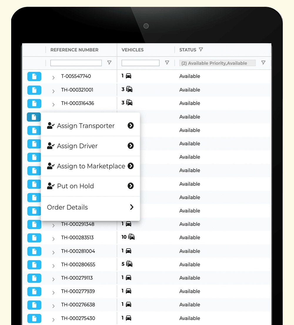 Hitch order screen with options to assign a transporter, driver or marketplace