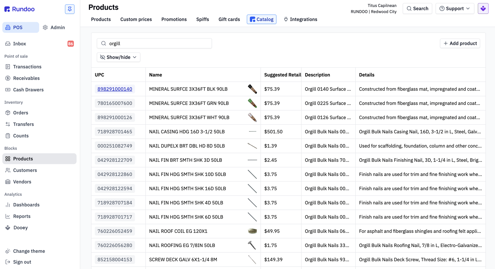 Rundoo Catalog interface showing a search of vendor products