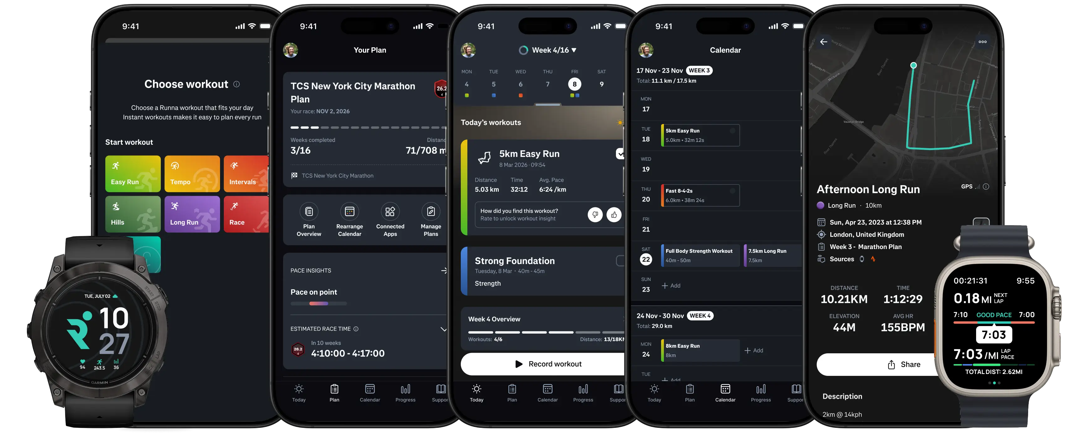 Runna product screens showing training plans, workout selection, tracking and community features