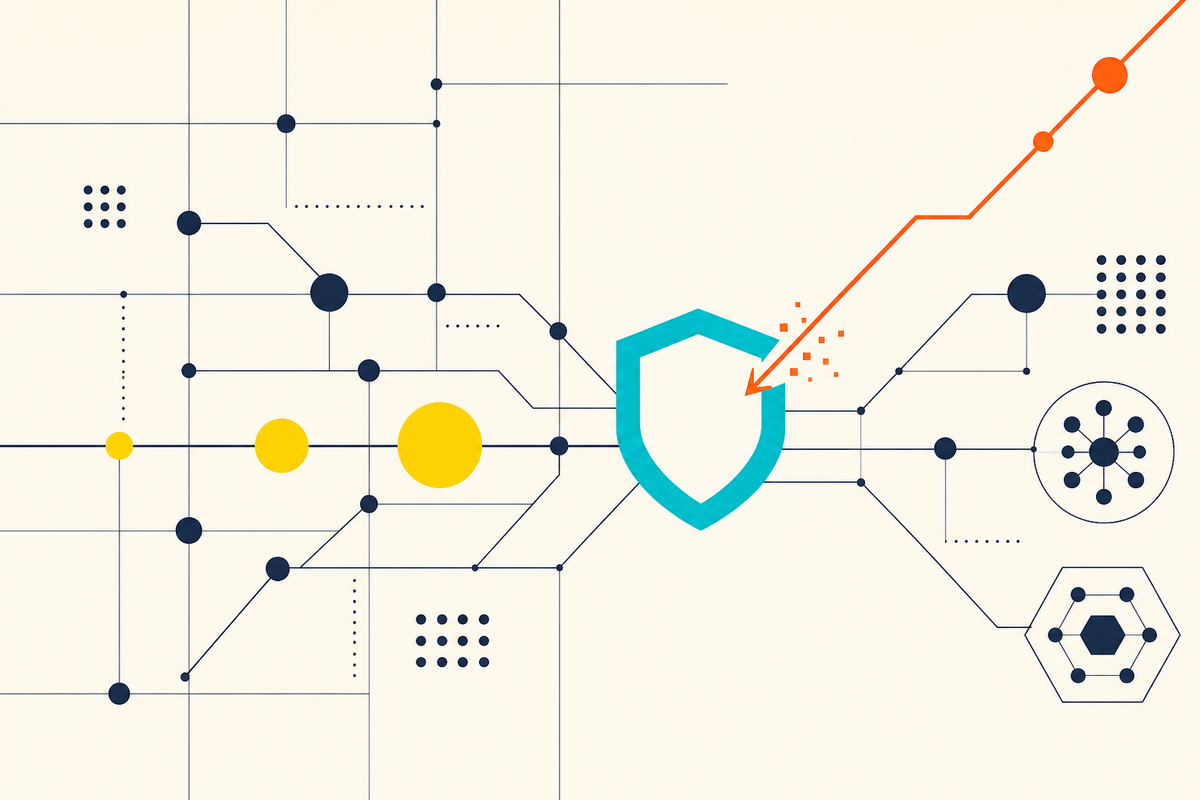 Abstract Swiss-style network illustration with a teal shield intercepting an orange attack path