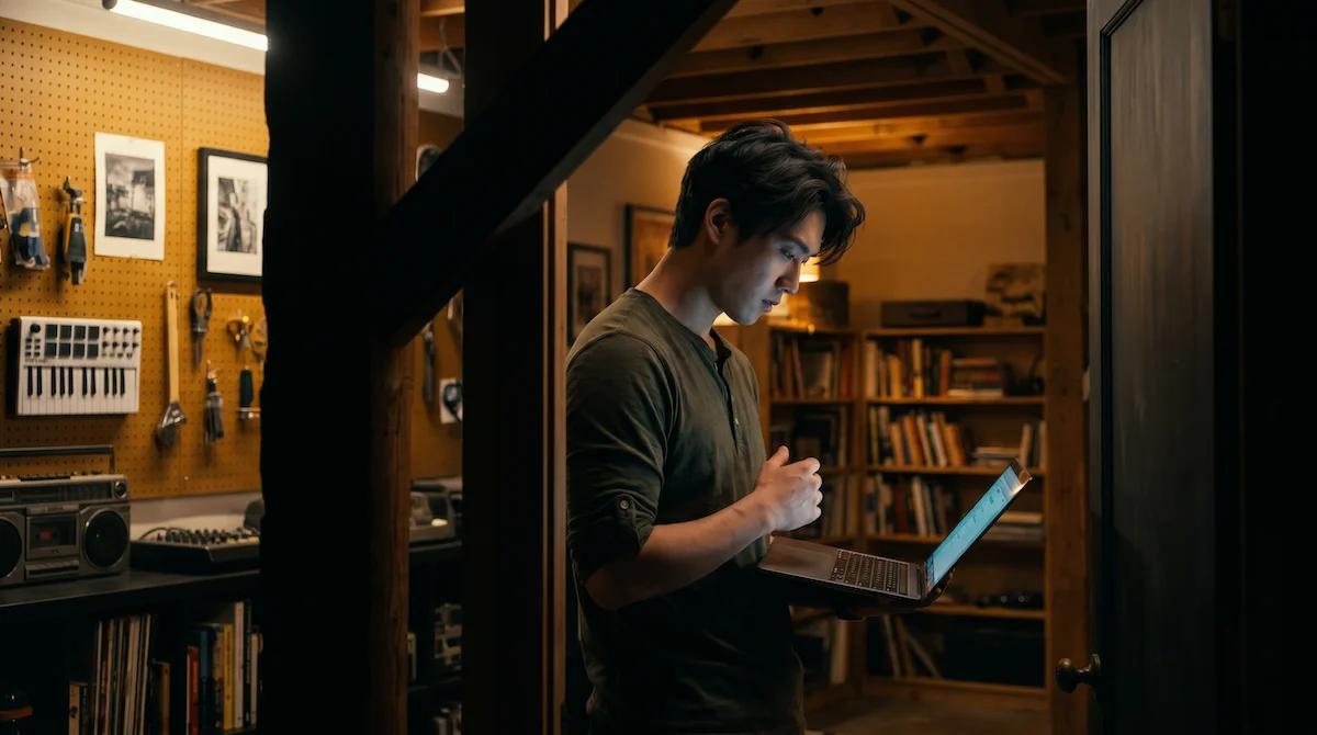 A creator holding a laptop in a warmly lit workshop, from Runway's official developer product artwork