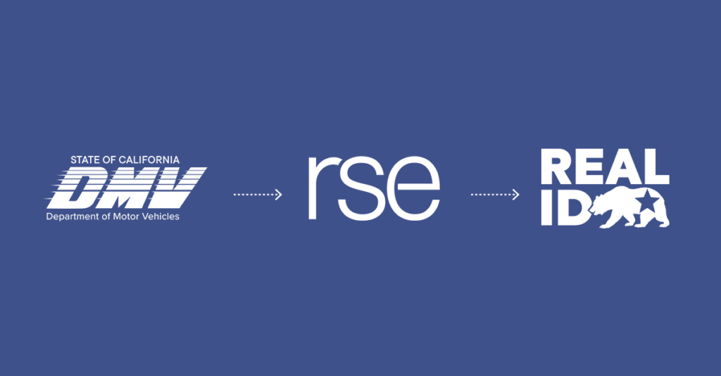 Graphic showing the California DMV, RSE and REAL ID marks connected in sequence