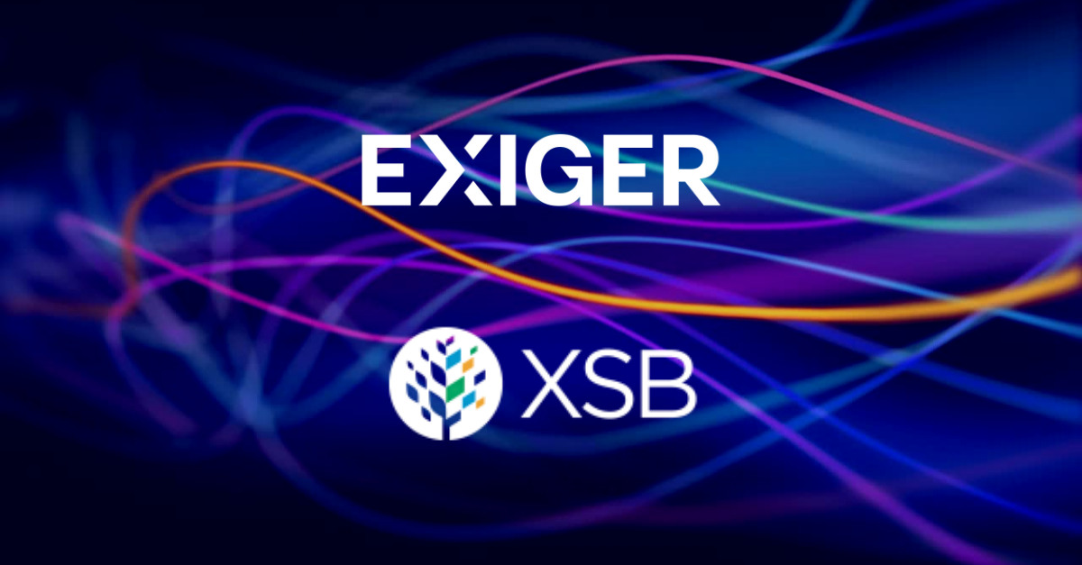Exiger and XSB marks joined by flowing lines on the 2024 acquisition announcement artwork