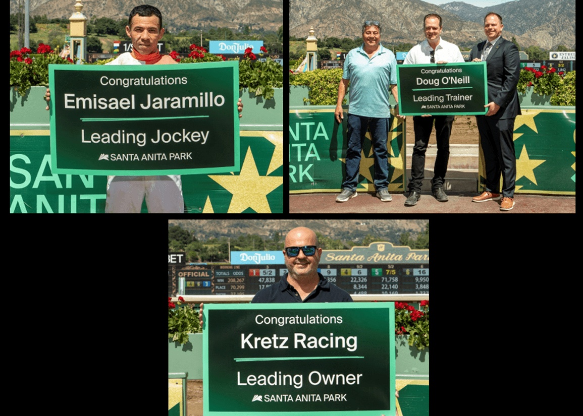 Awards collage honoring Santa Anita’s 2025-26 Classic Meet leading jockey, trainer and owner Kretz Racing