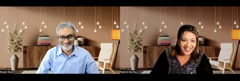 Rutesh Shah, left, and Padmini Murthy in a split-screen video conversation