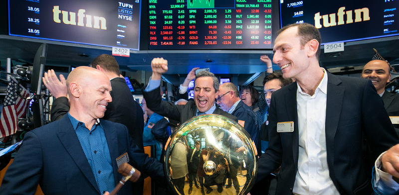 Ruvi Kitov, right, and Reuven Harrison, left, celebrating Tufin's New York Stock Exchange debut