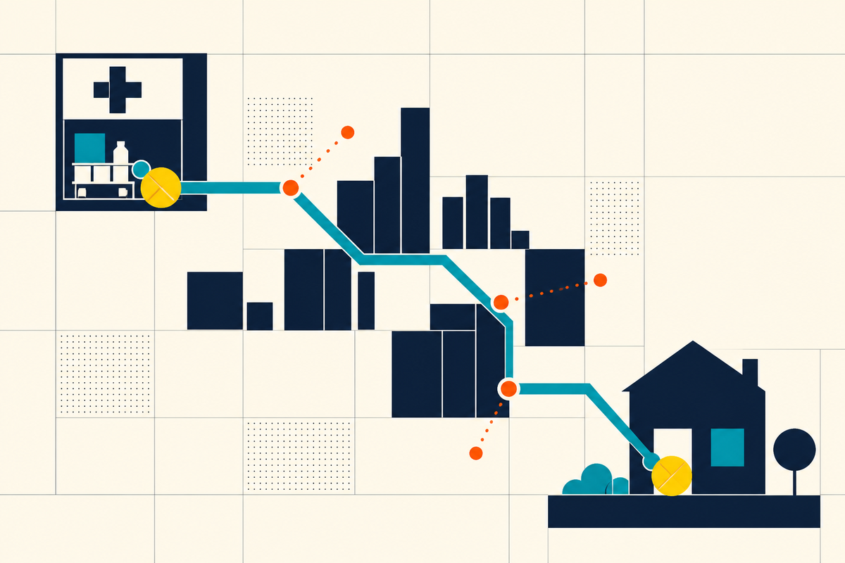 Abstract Swiss-style map showing a prescription moving from a pharmacy through a city to a home