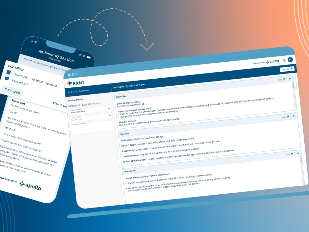 RXNT Ambient IQ interface showing a visit transcript and structured clinical note on phone and desktop screens