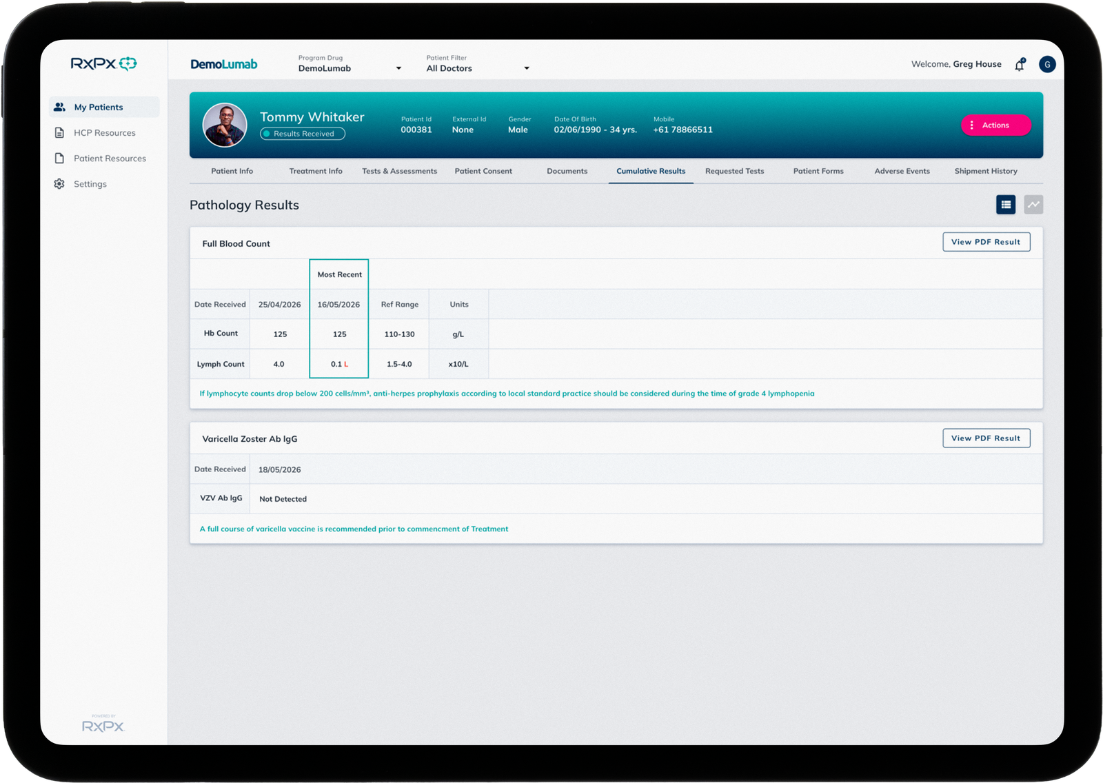 RxPx healthcare professional dashboard showing patient pathology results