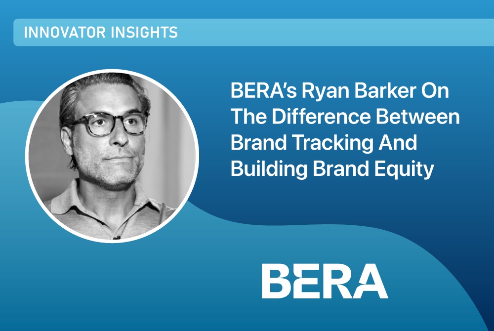 Interview artwork showing Ryan Barker in glasses beside the subject of brand tracking and brand equity