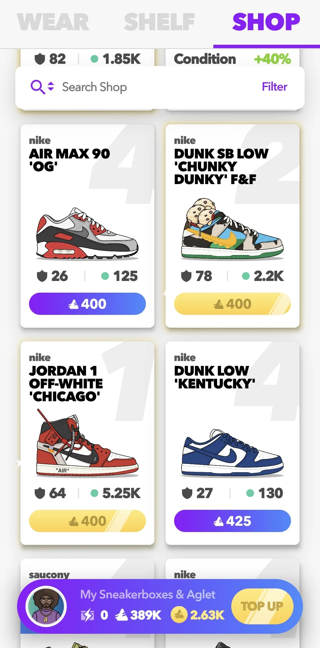 An early Aglet shop screen showing illustrated Nike sneakers, game attributes and prices