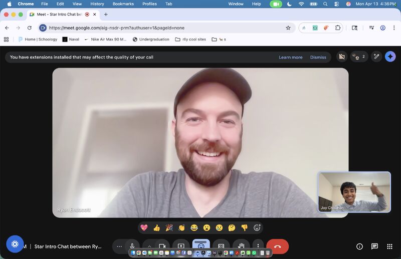 Ryan Endacott smiling during a video conversation about Star with student builder Jay Chauhan