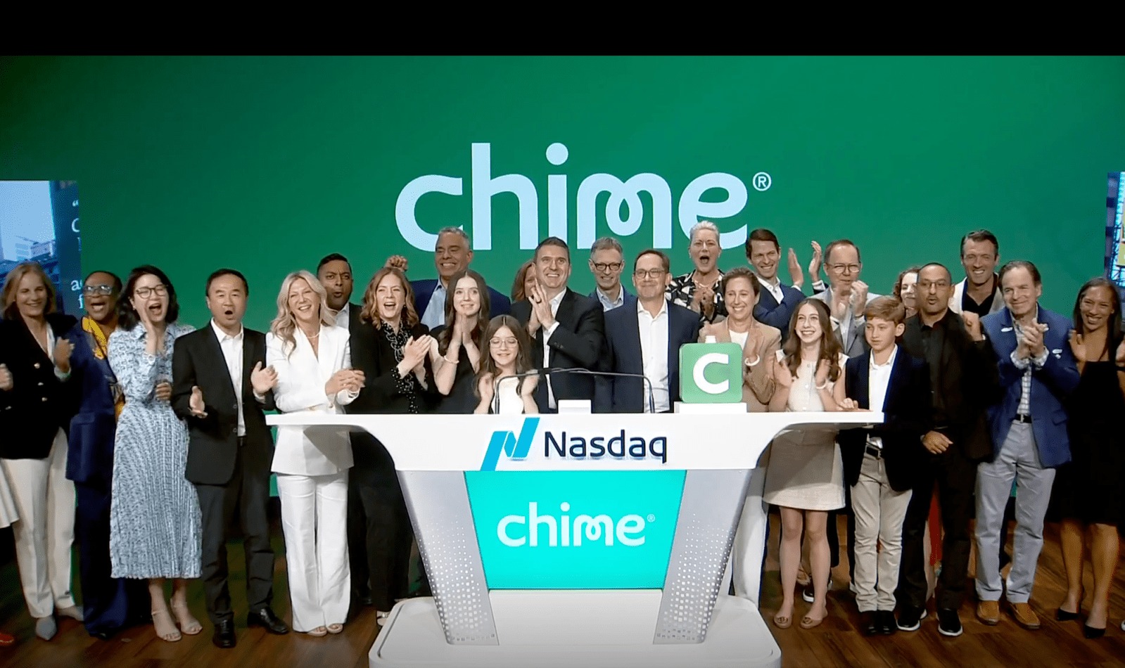 Ryan King and the Chime team applaud at the Nasdaq opening bell ceremony in June 2025
