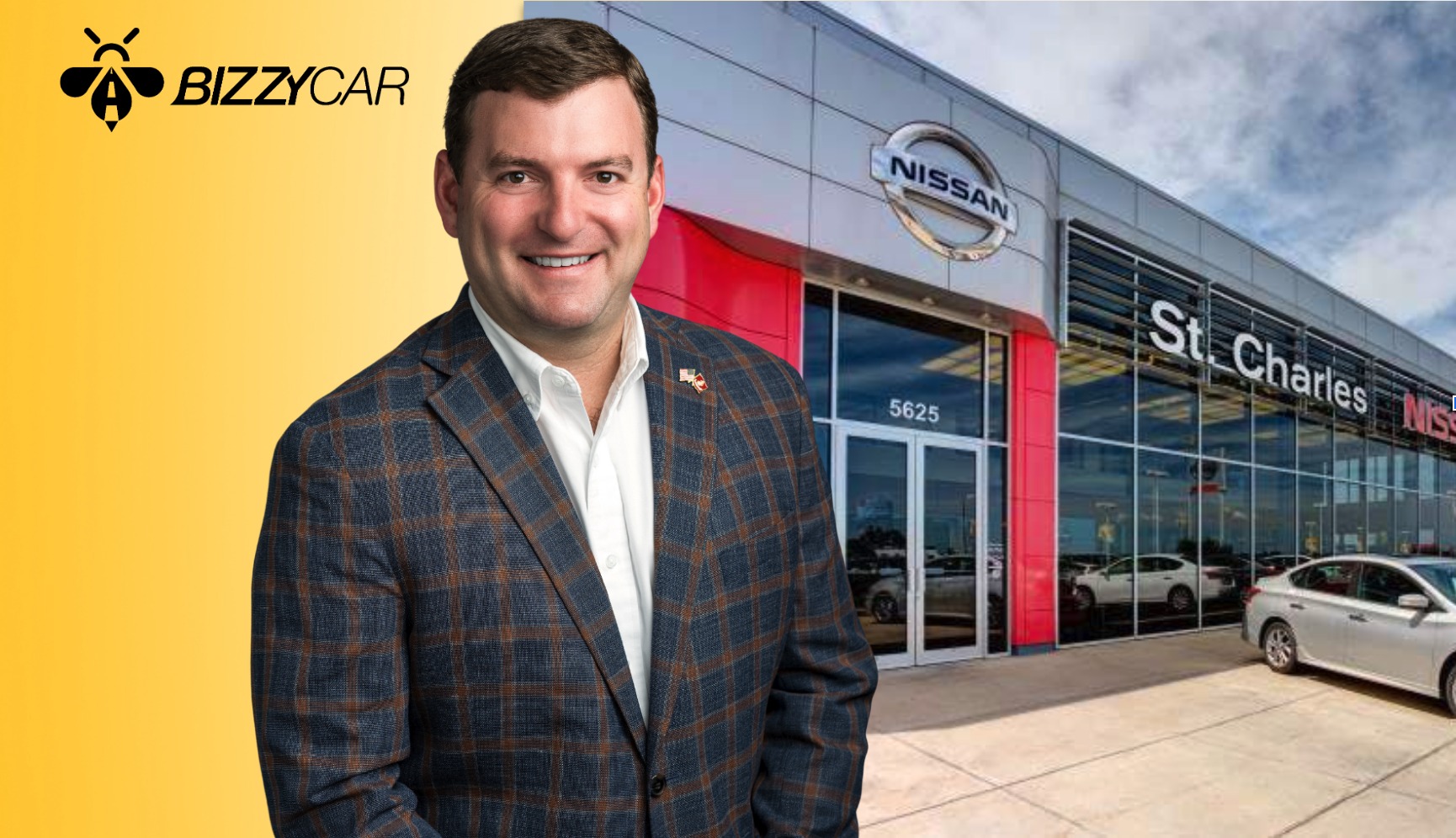 Ryan Maher pictured beside a BizzyCar mark and a St. Charles dealership