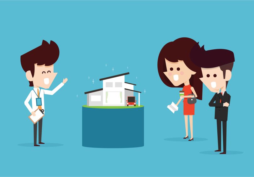 Illustration of a real-estate agent presenting a home to buyers