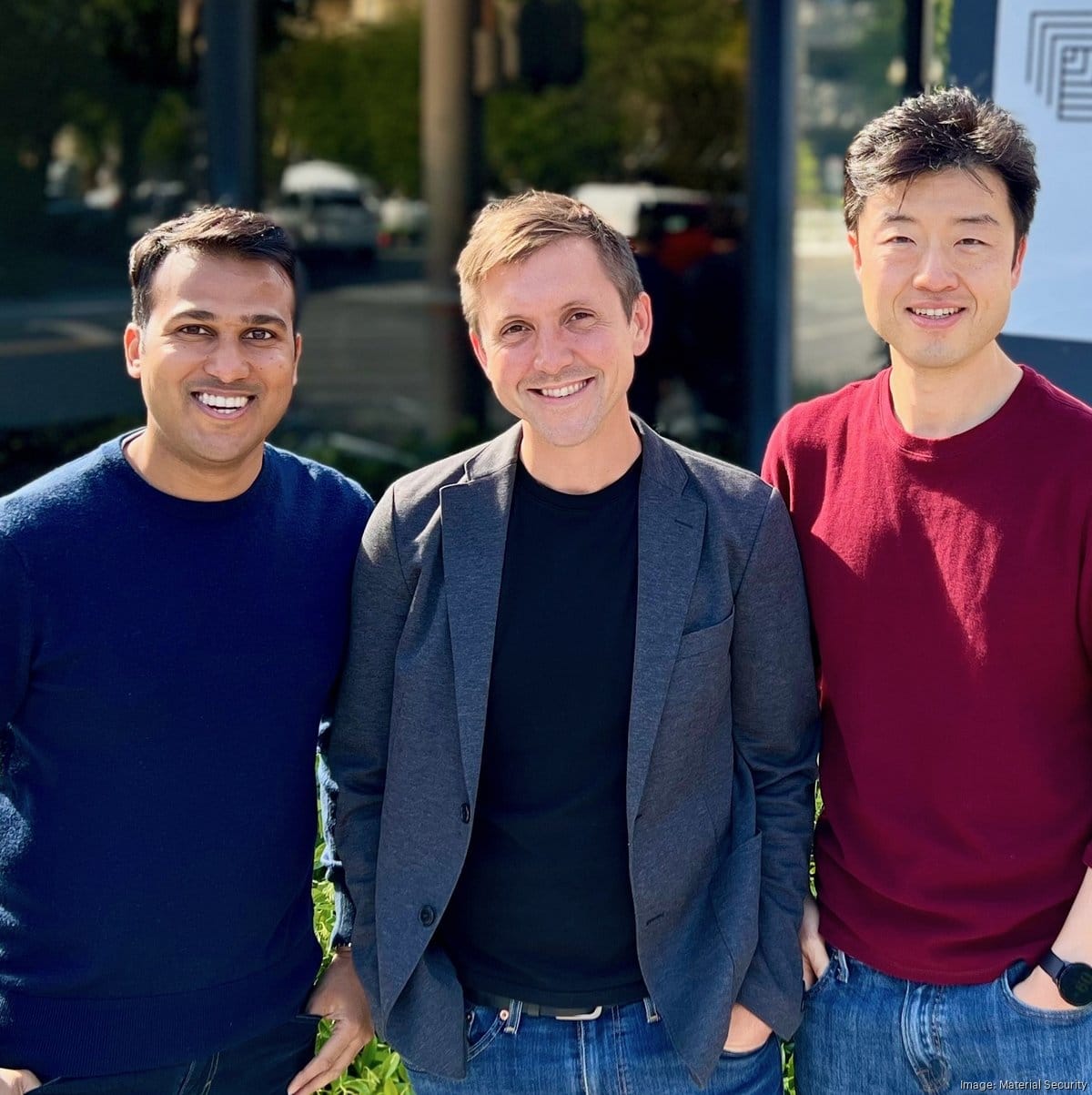 Material Security co-founders Abhishek Agrawal, Ryan Noon and Chris Park standing together outdoors