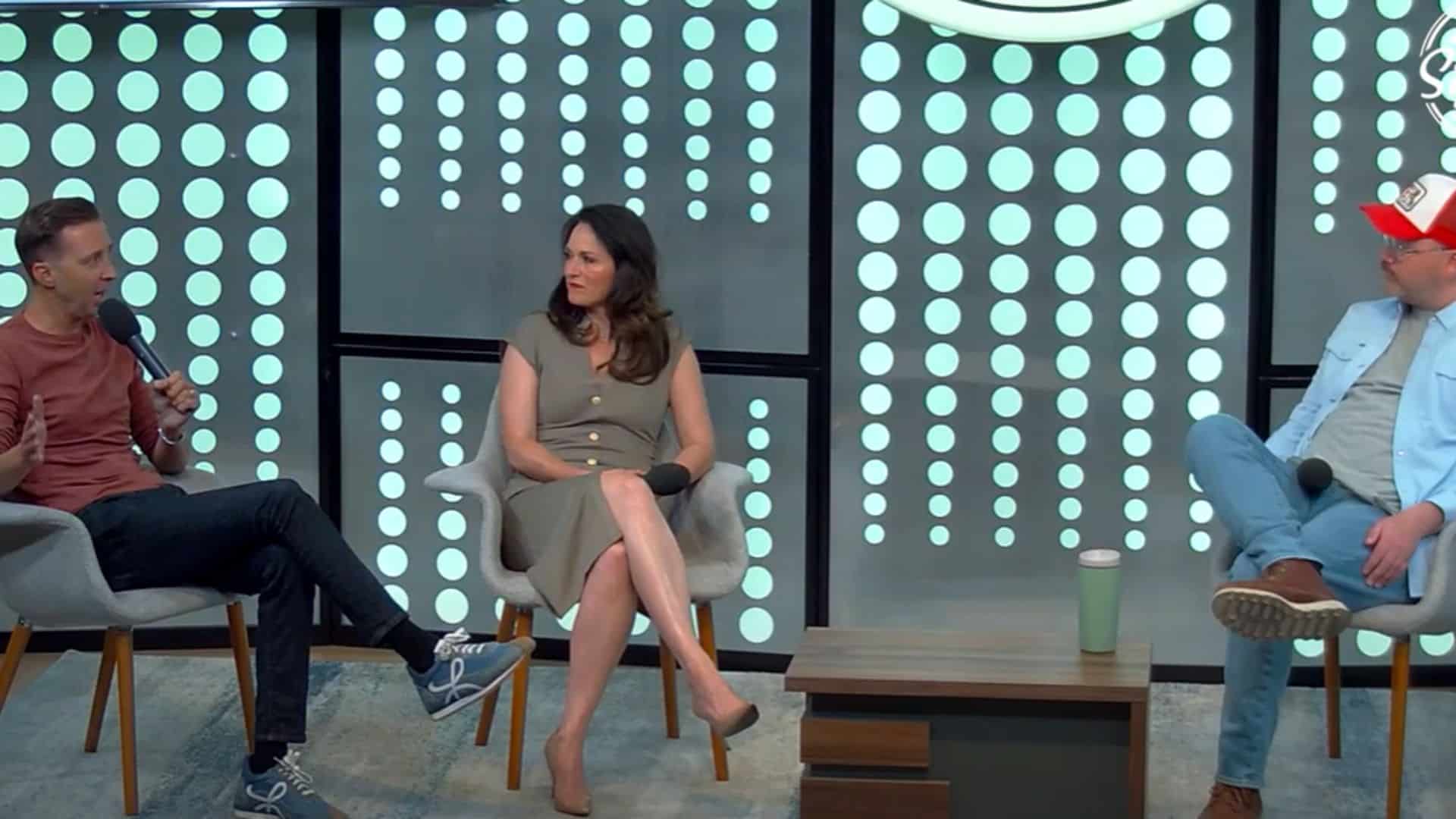 Ryan Westwood, at left, speaking beside Amy Osmond Cook during a Silicon Slopes interview.