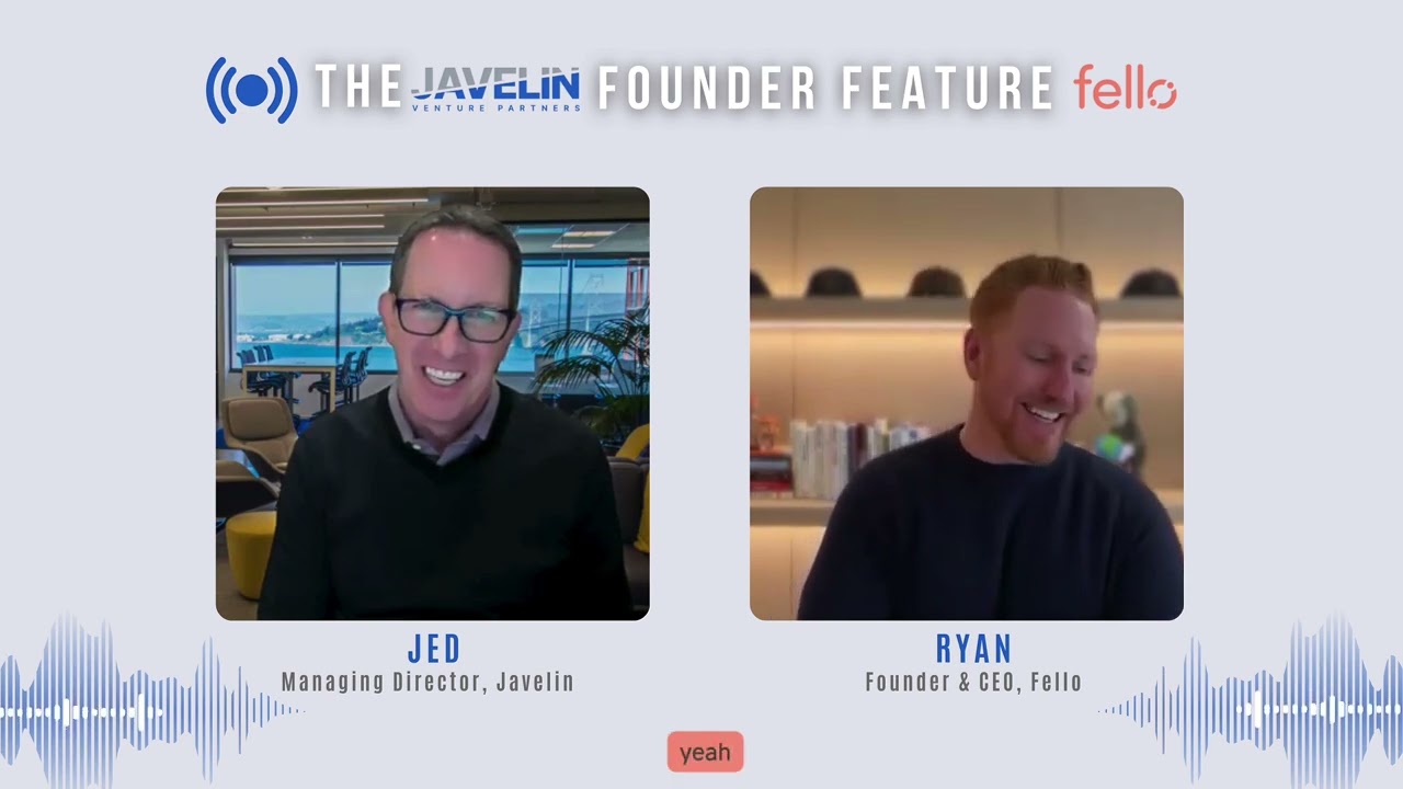 Investor Jed Katz, left, and Ryan Young, right, laughing during the Javelin Founder Feature interview