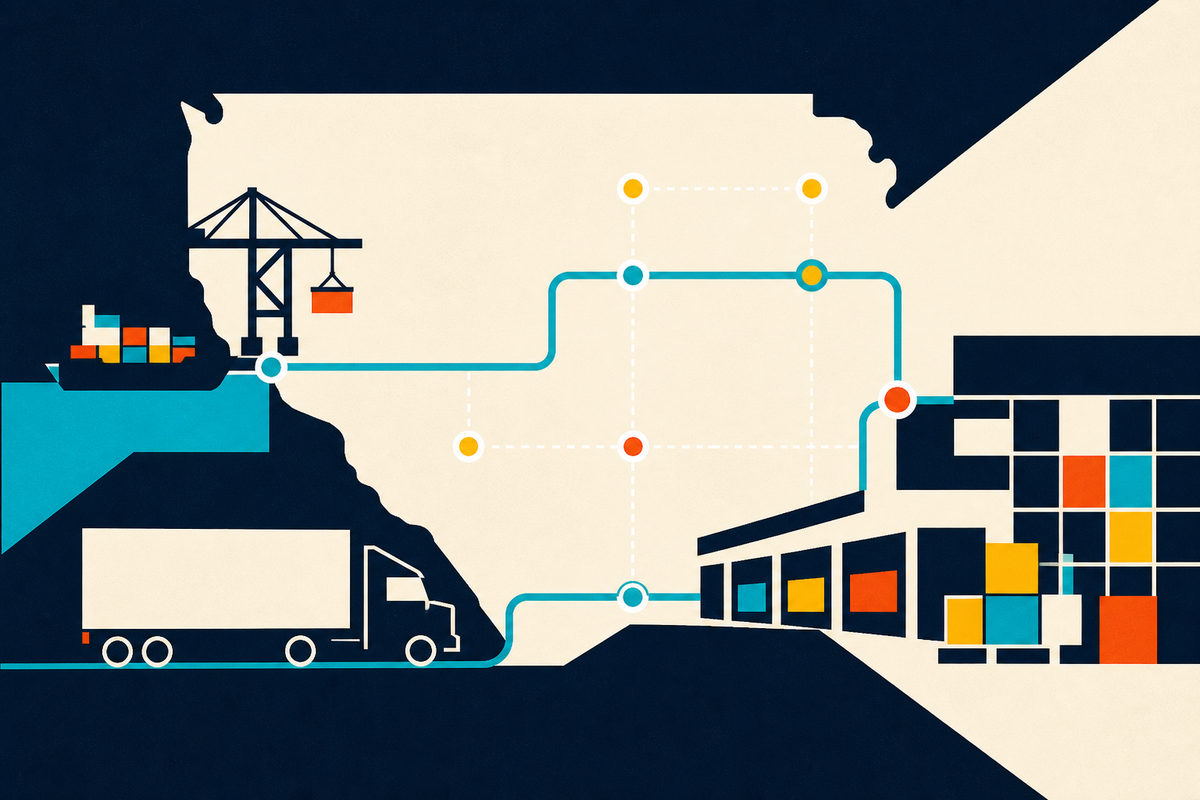 Minimal geometric illustration of a truck, port, route network and warehouse