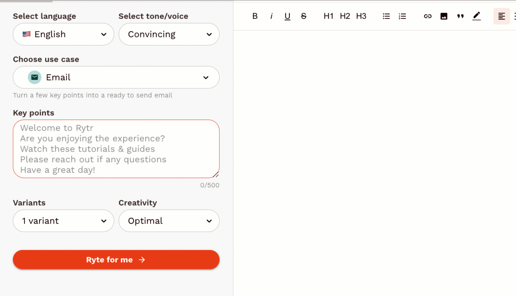 Animated demonstration of the Rytr writing interface