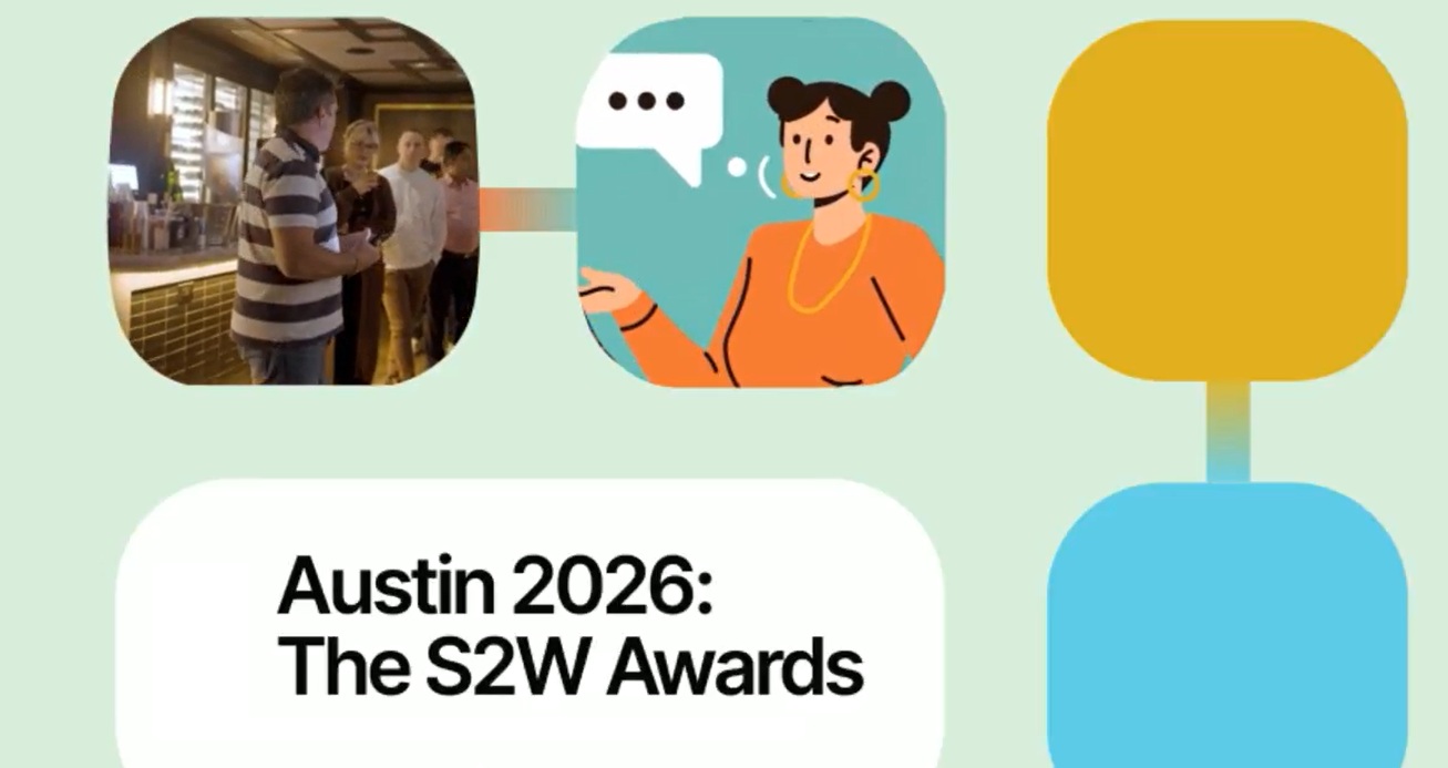 Official S2W Media Austin 2026 awards graphic, with a small photograph of colleagues at the gathering