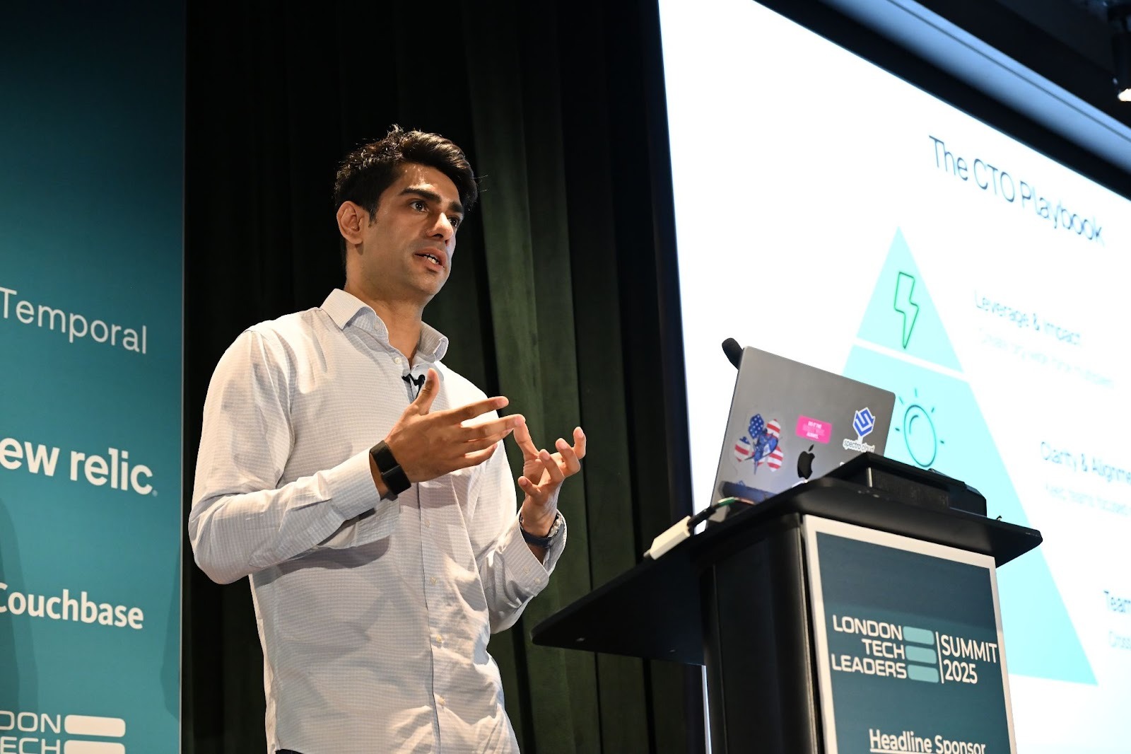 Saad Malik speaking onstage at the London Tech Leaders Summit in 2025