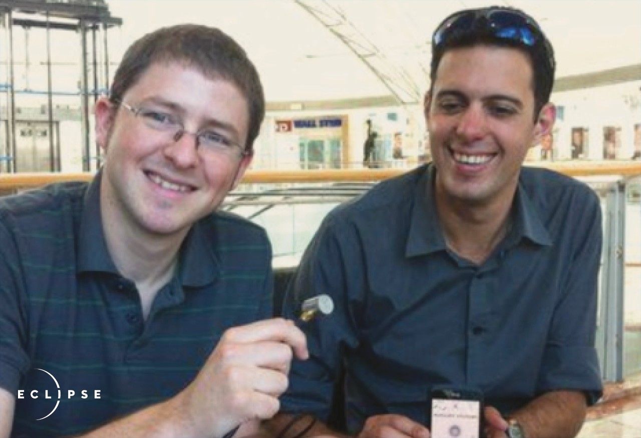 Saar Yoskovitz and Gal Shaul smiling with Augury’s original prototype in 2011