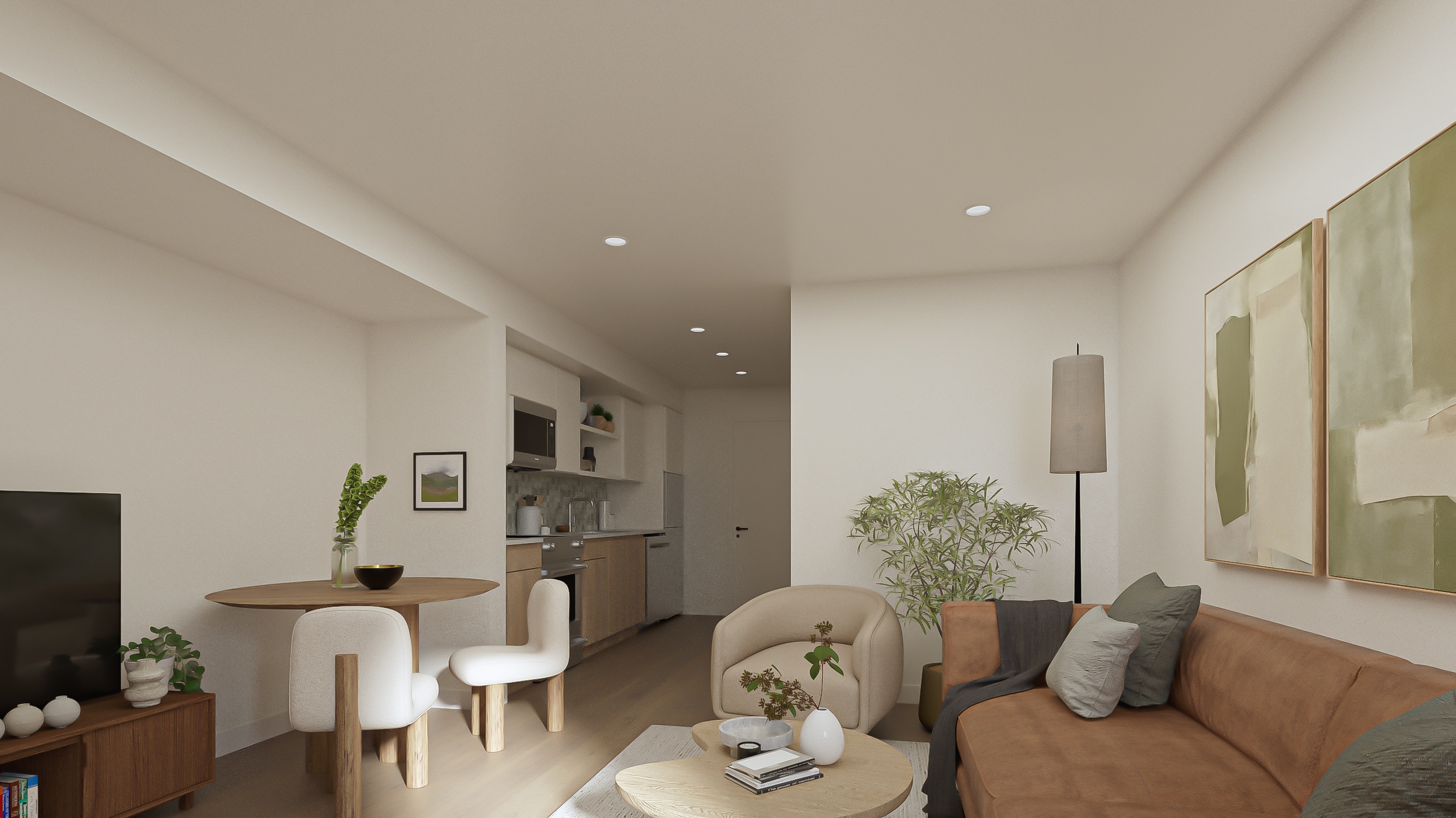 Passo architectural visualization of a light-filled apartment living room with a sofa, dining table and kitchen
