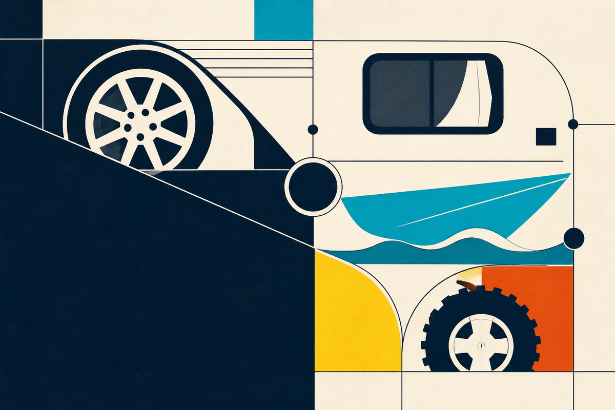 Abstract Swiss-style illustration combining a car wheel, RV, boat and powersports tire in a geometric protection system