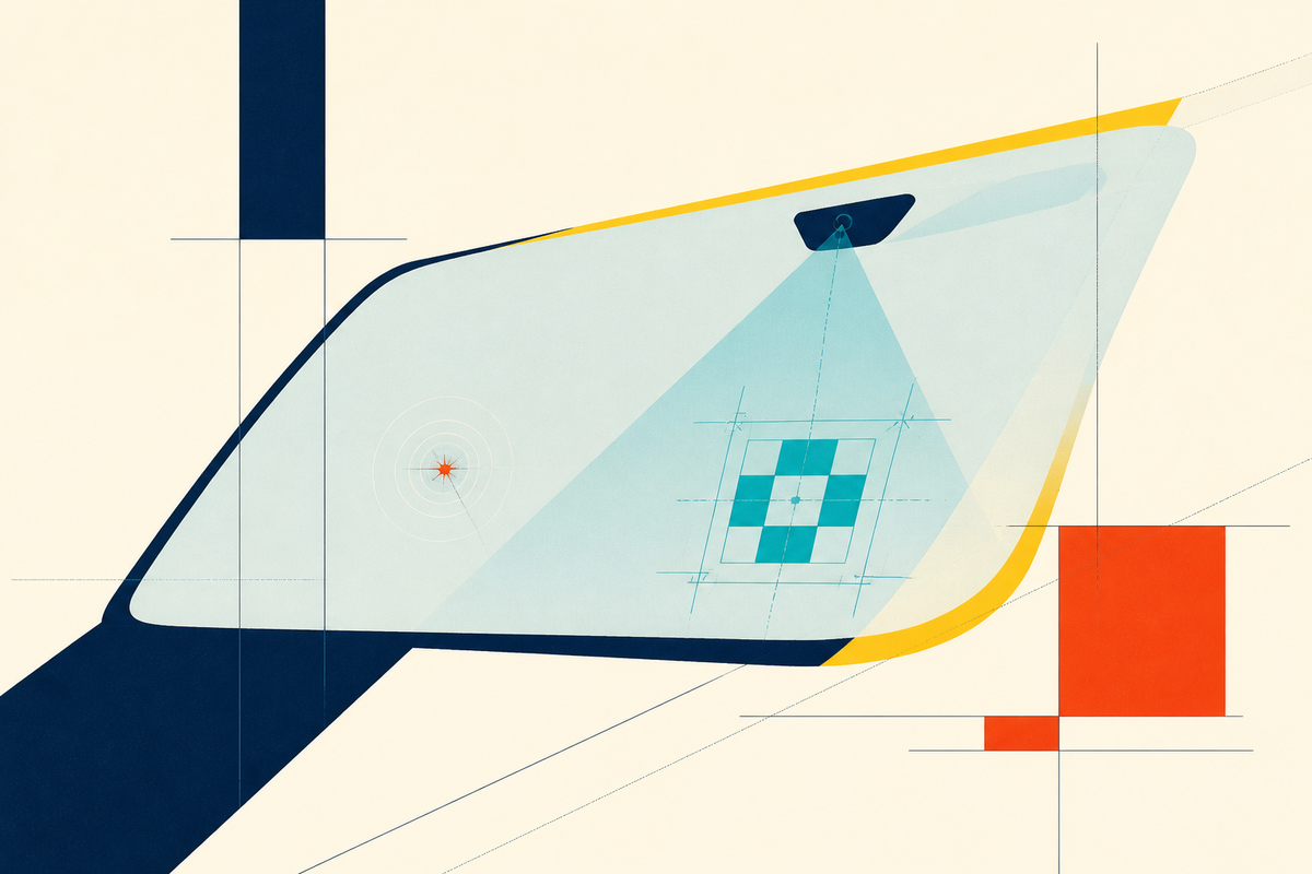 Abstract Swiss-style illustration of a windshield, impact point and camera calibration target