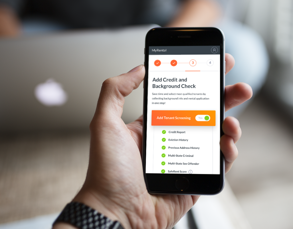 Older MyRental promotional image showing tenant screening added to a mobile application