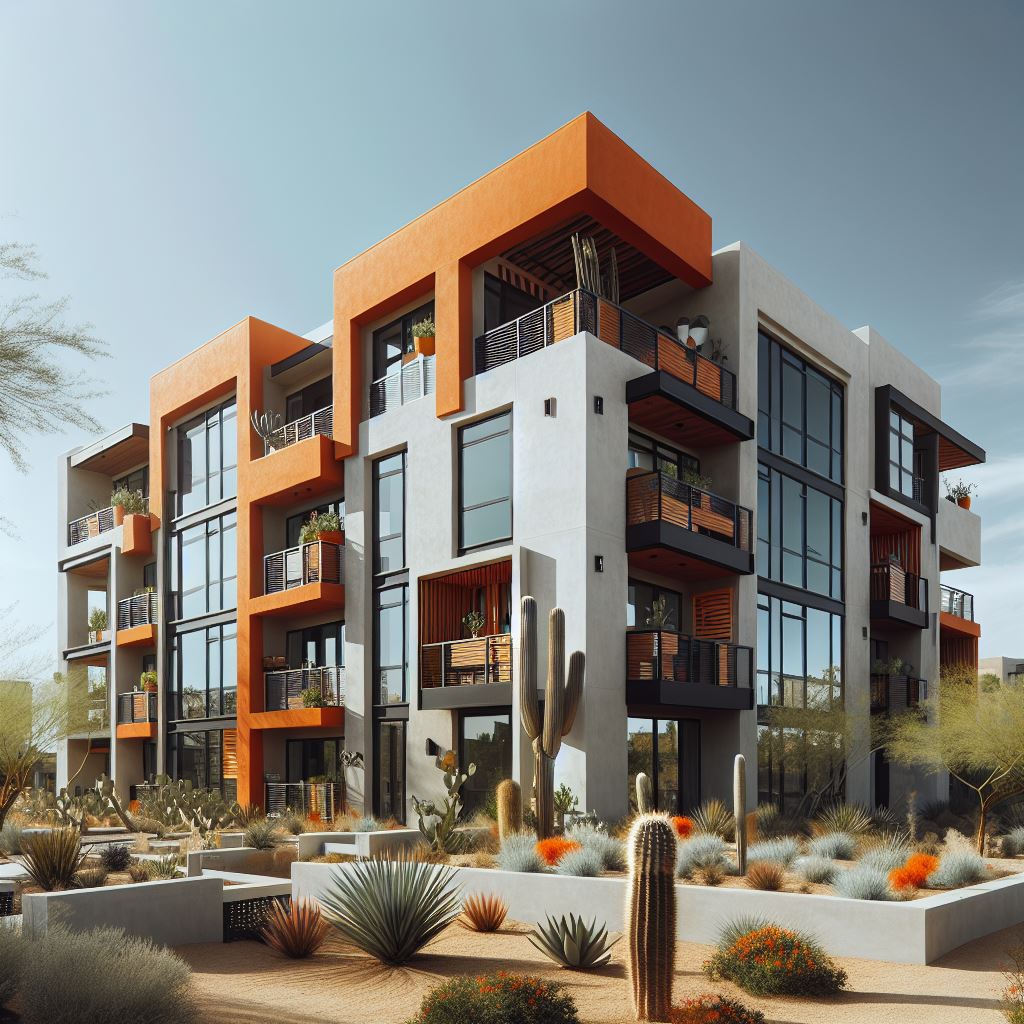 Apartment building with orange balconies and desert landscaping in SafeRent’s marketing illustration