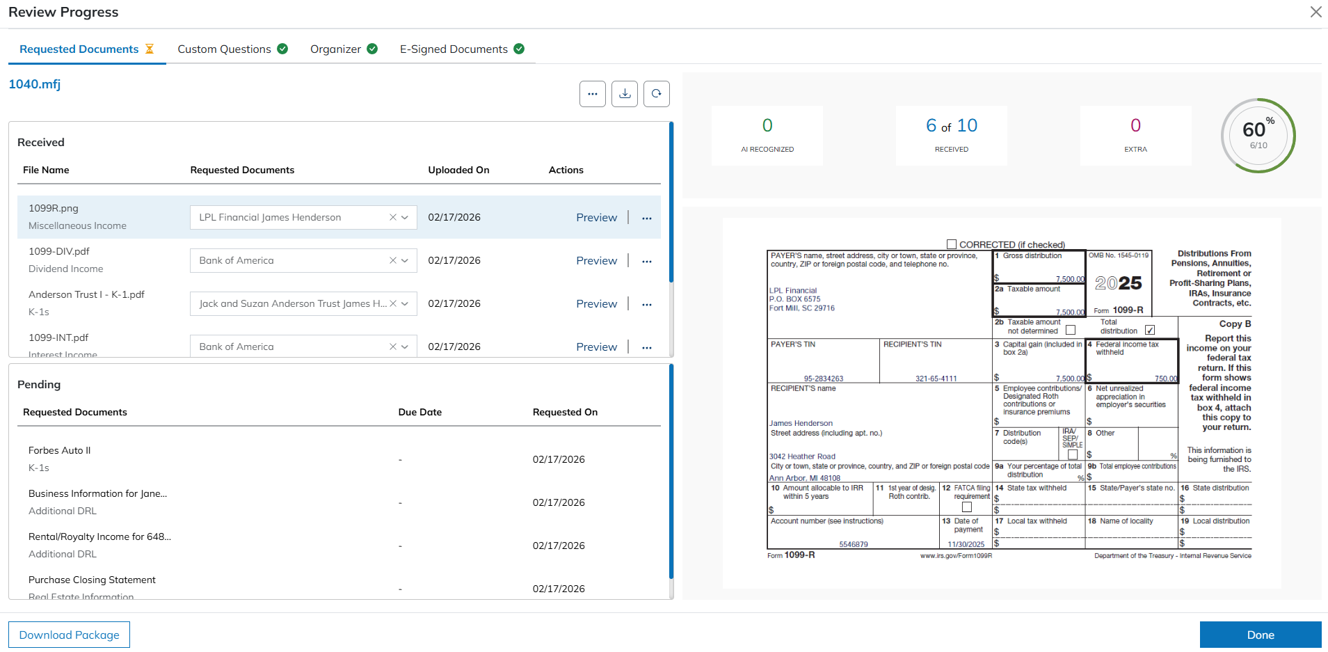 Gather product demonstration showing received and pending documents beside a document preview