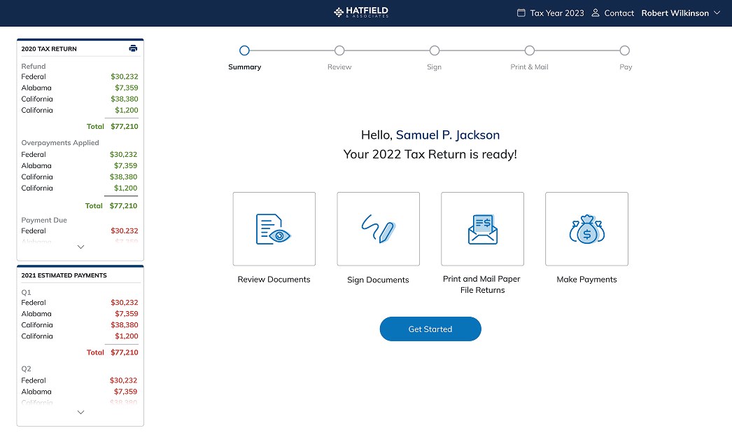 SafeSend demonstration interface guiding a taxpayer through review, signing and payments