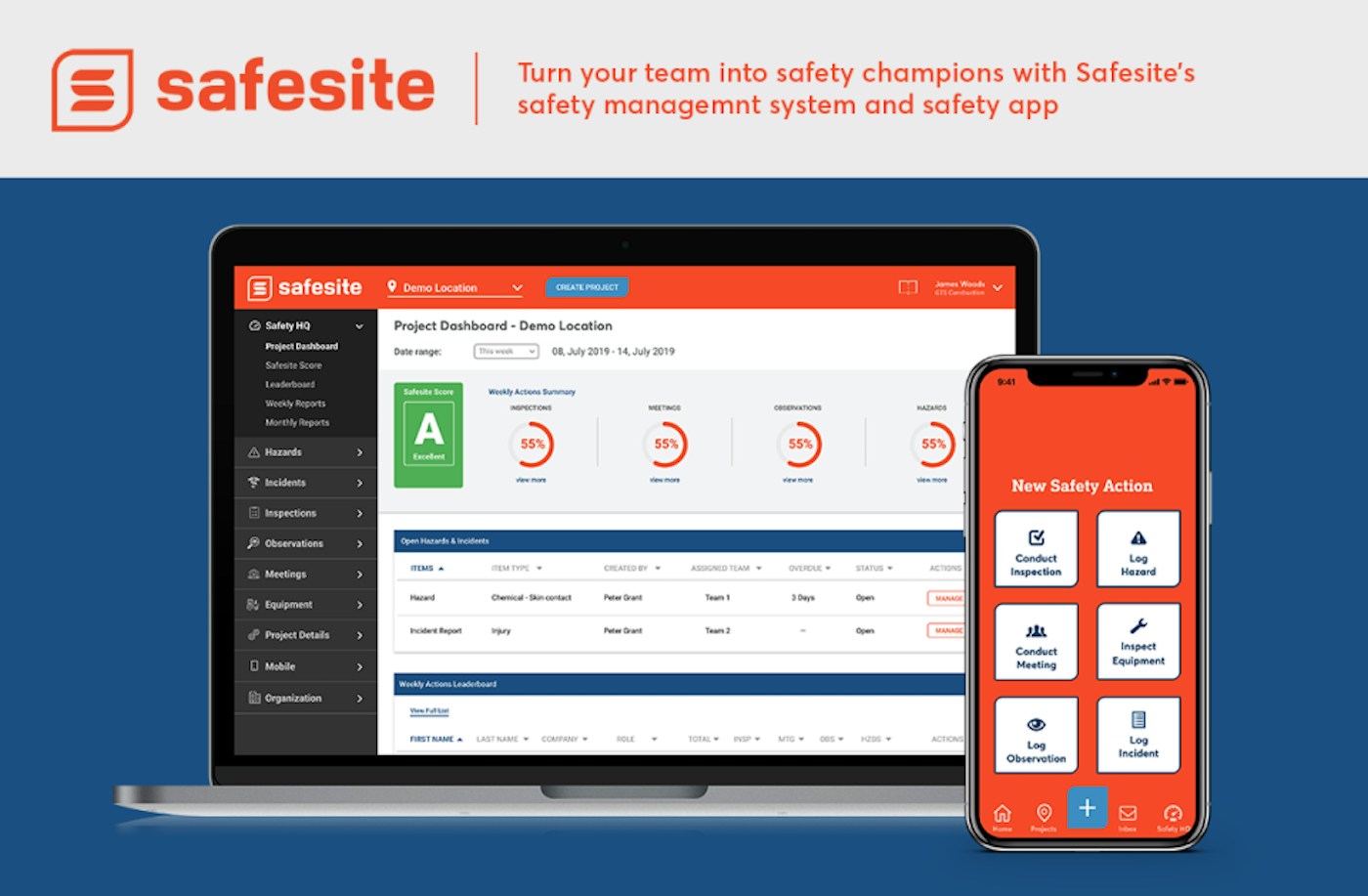 Safesite project dashboard on a laptop beside the mobile safety action screen