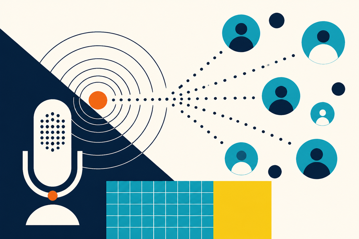 Abstract Swiss-style illustration of a radio microphone sending signals toward a network of listeners