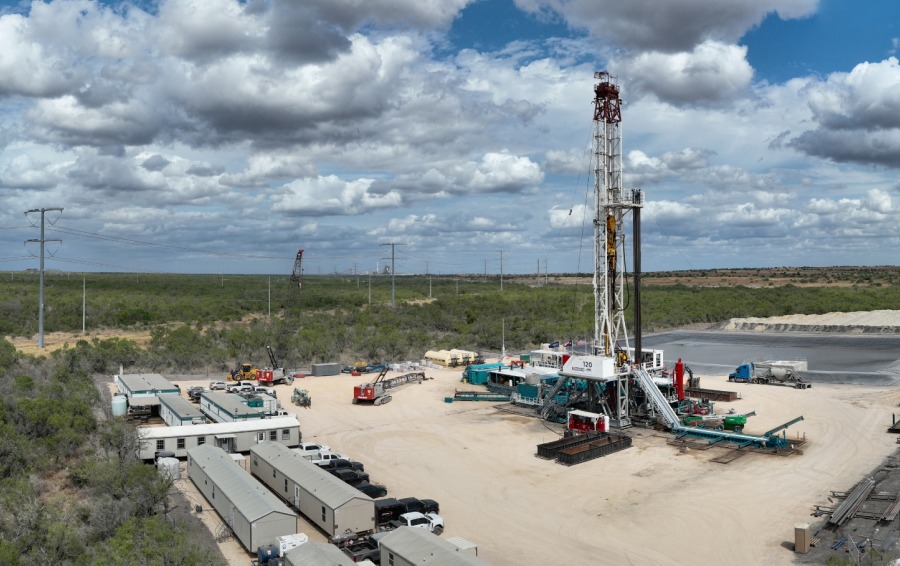 Drilling rig and support equipment at a Sage geothermal site in Texas