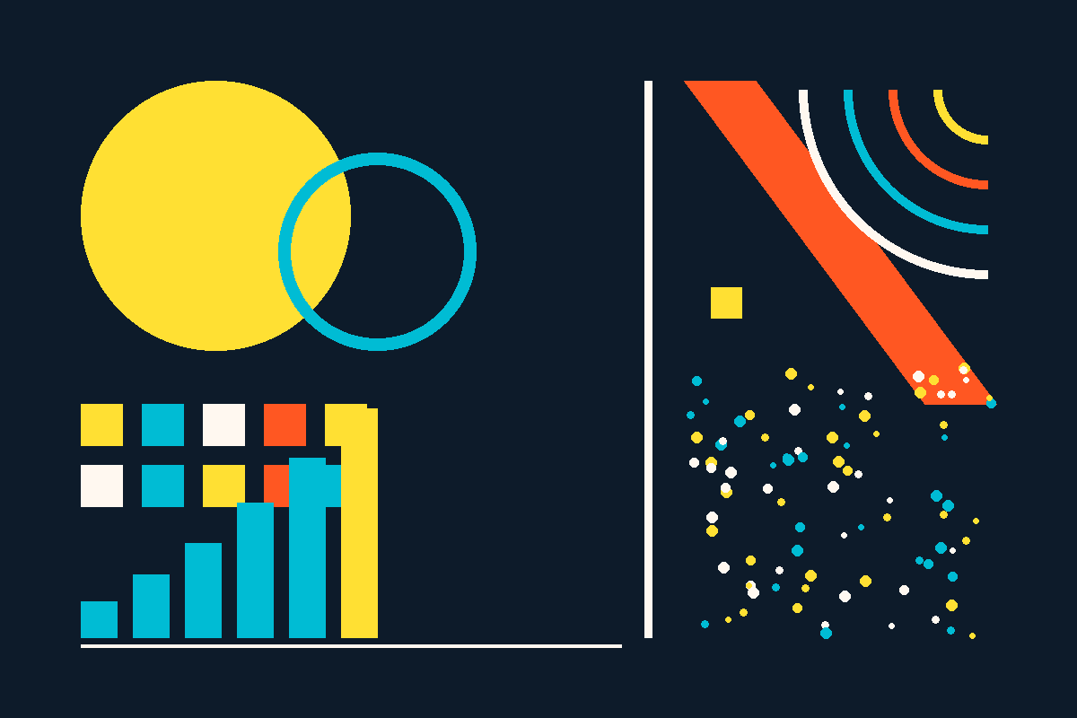 Swiss-style abstract graphic of overlapping circles, category squares, an ascending bar chart and scattered dots on a navy background